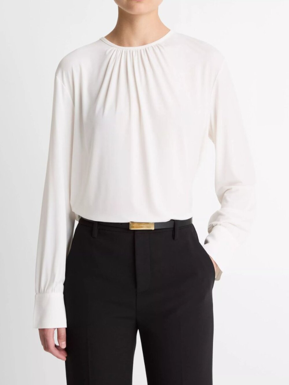 Vince White Matte Jersey Gathered Long Sleeve Blouse size Medium